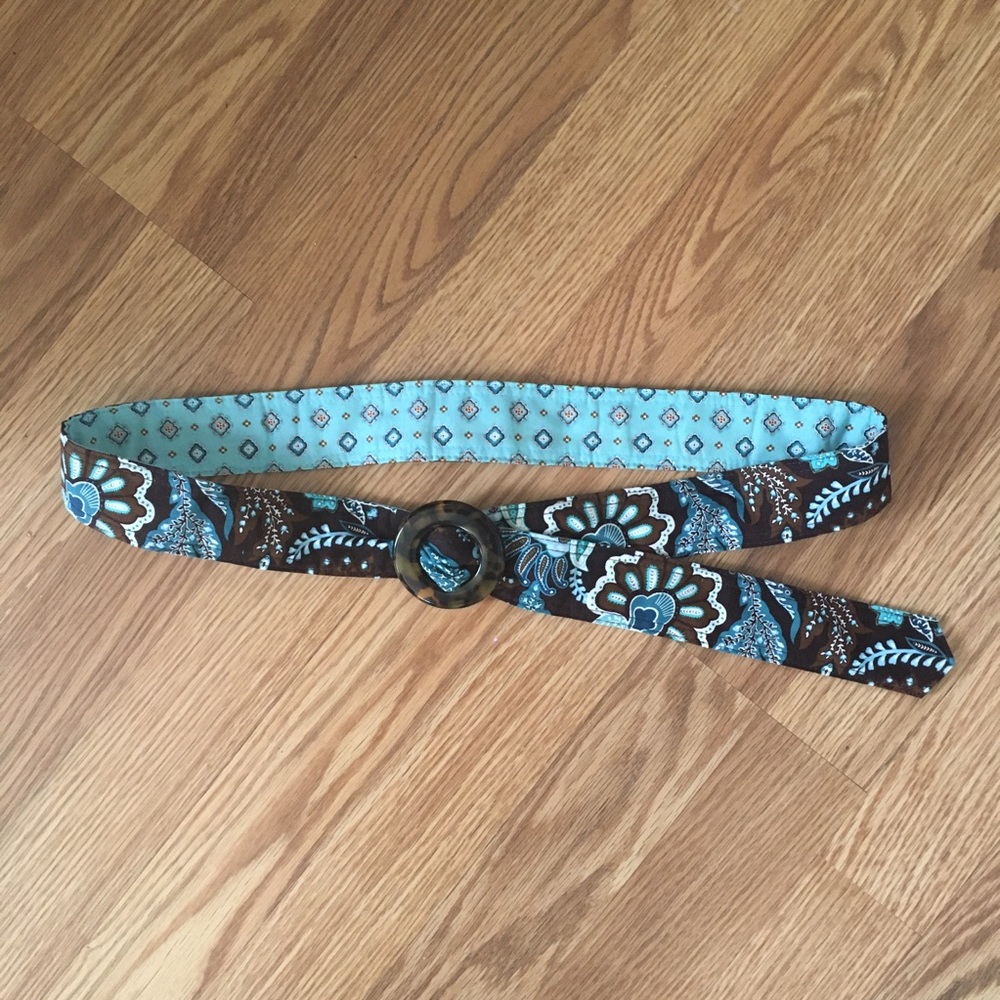 Vera Bradley Brown and Turquoise Floral Fabric Belt with Tortoise Buckle